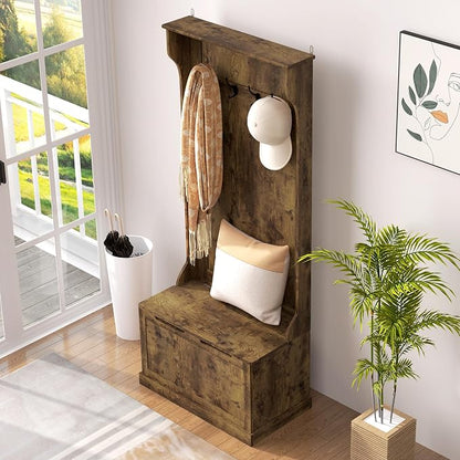 HOMCOM Hall Tree with Bench and Shoe Storage, 3-In-1 Entryway Bench with Coat Rack, 4 Hooks and Flip Top Storage Compartment, Rustic Brown