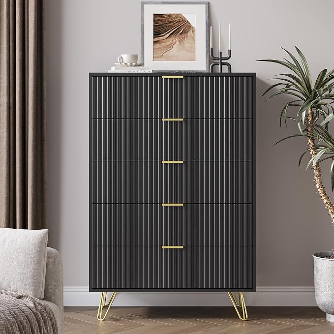 MAISONARIA 5 Drawers Dresser for Bedroom, 47" Tall Modern Chest of Drawers with Gold Handle, Fluted Wood Dresser for Bedroom, Living Room, Hallway, Entryway, Black