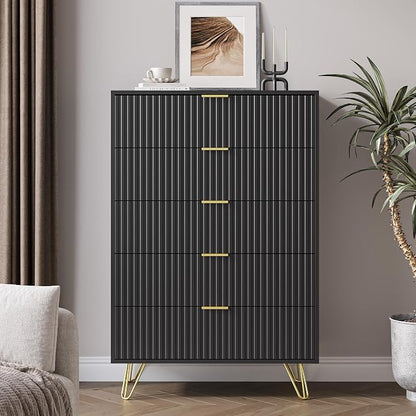 MAISONARIA 5 Drawers Dresser for Bedroom, 47" Tall Modern Chest of Drawers with Gold Handle, Fluted Wood Dresser for Bedroom, Living Room, Hallway, Entryway, Black