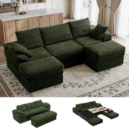 107" Modular U-Shaped Sectional Sofa with Storage, 3-Seat Corduroy Boneless Couch, 27" Deep Seat Cloud Couch & 2 Movable Ottoman, Tool-Free Assembly, Couch for Living Room, Green