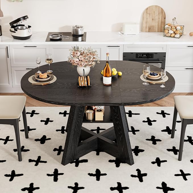 43.3in-59in Extendable Dining Table for 4-6, Round Kitchen Dining Room Table with Removable Leaves Space Saving, Space Saving, Wooden Cross Base with Storage Shelf for Kitchen Living Room (Black)