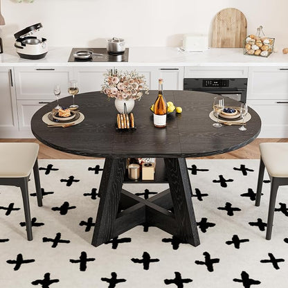 43.3in-59in Extendable Dining Table for 4-6, Round Kitchen Dining Room Table with Removable Leaves Space Saving, Space Saving, Wooden Cross Base with Storage Shelf for Kitchen Living Room (Black)