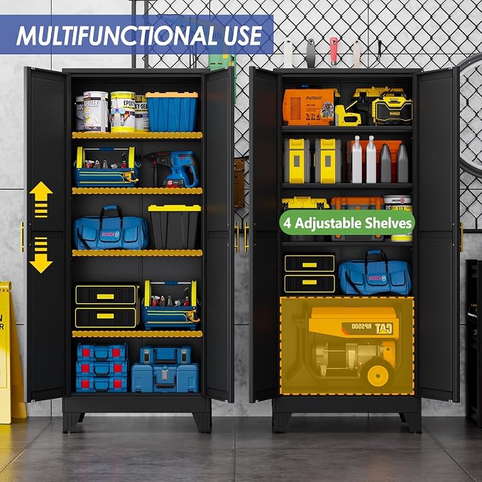 71" Metal Garage Storage Cabinet with 2 Doors, 4 Adjustable Shelves | Metal Storage Cabinets,Steel Tool Cabinets for Home Office,Garage,Warehouse (Black, 71''H x 29''W x 14''D)
