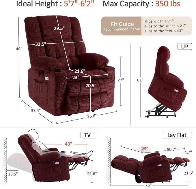 MCombo Large Dual Motor Power Lift Recliner Chair for Elderly, Zero Gravity Lift Chair with Heat and Massage, Infinite Position Lay Flat Recliner, USB Ports, Cup Holders, Fabric 7896 (Large, Burgundy)
