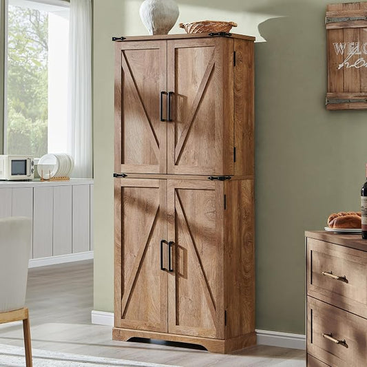 ACCOHOHO 72" Tall Kitchen Pantry, Farmhouse Storage Cabinet with Barn Doors, Organizer, Drawer and Adjustable Shelves, Rustic Wood Cupboard for Kitchen, Dining Room, Bathroom and Hallway, Light Walnut
