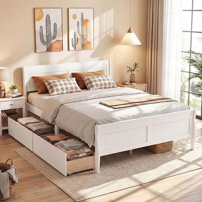 Giantex Queen Bed Frame with 2 Storage Drawers, Wood Platform Bed w/Headboard & Footboard, Wooden Slats Support Mattress Foundation, Sleigh Bedframe for Teens Adults, No Box Spring Needed (White)