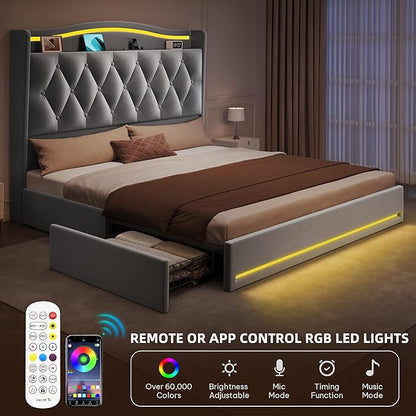 DWVO Queen Size Bed Frame with 4 Storage Drawers and RGB LED Lights, 57'' Tall Headboard Velvet Upholstered Bed with Charging Station, No Box Spring Needed, Easy Assembly, Noise-Free, Grey