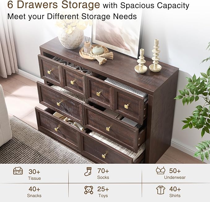 6 Drawers Dresser for Bedroom-46.5" Wide Wooden Chest of Drawers with Large Storage, Long Dresser TV Stand with Drawers, Farmhouse Closet Dressers for Living Room Bedroom, Brown