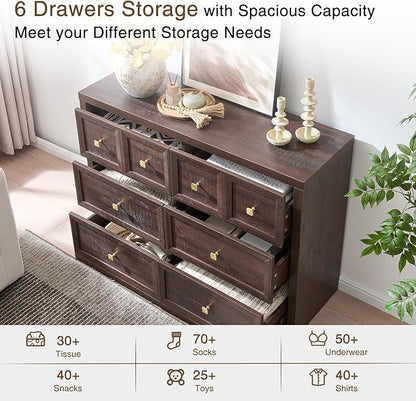 6 Drawers Dresser for Bedroom-46.5" Wide Wooden Chest of Drawers with Large Storage, Long Dresser TV Stand with Drawers, Farmhouse Closet Dressers for Living Room Bedroom, Brown