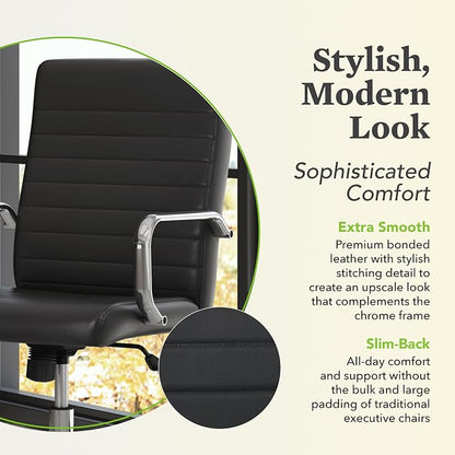HON Sadie Executive Ergonomic Office Chair with Leather Upholstery, Chrome Arms and Back Support, Mid Back Desk and Computer Chair for Home Office or Conference Room, 360 Swivel, Black