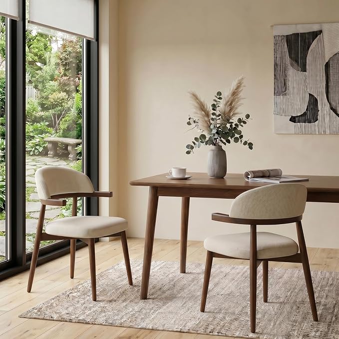 MOJAY Dining Chairs Set of 2 Walnut, Linen Beige with Curved Armrests