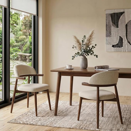 MOJAY Dining Chairs Set of 2 Walnut, Linen Beige with Curved Armrests