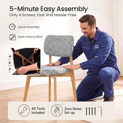 COLAMY Dining Chairs Set of 6, Modern Upholstered Kitchen Room Chairs with Solid Natural Oak Wood Legs, 5-Min Easy Assembly Anti-Wobble, High-Weight Fabric Farmhouse Side Chair, 300lbs,Oak,LightGrey