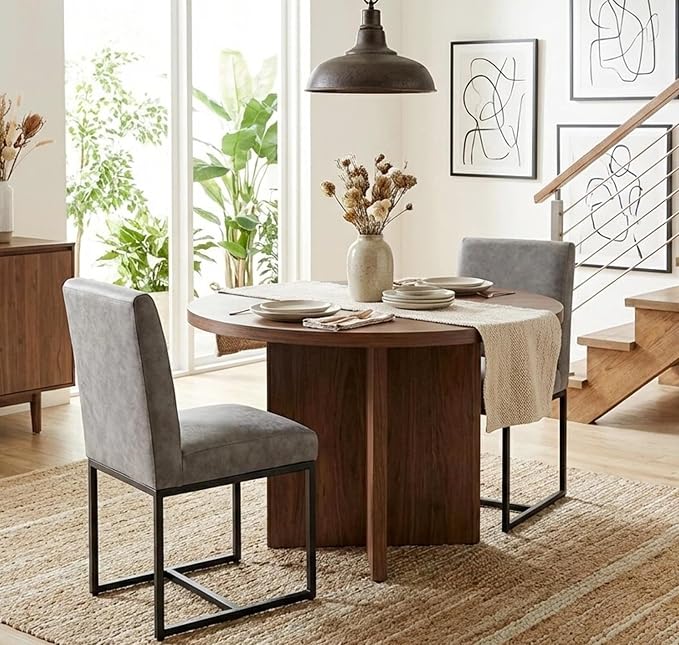 VESCASA Faux Leather Upholstered Dining Chairs with Black Metal Frame, Mid Century Modern Padded Kitchen Chair with Adjustable Foot Pads for Restaurant, Dining Room, Set of 2, Light Grey