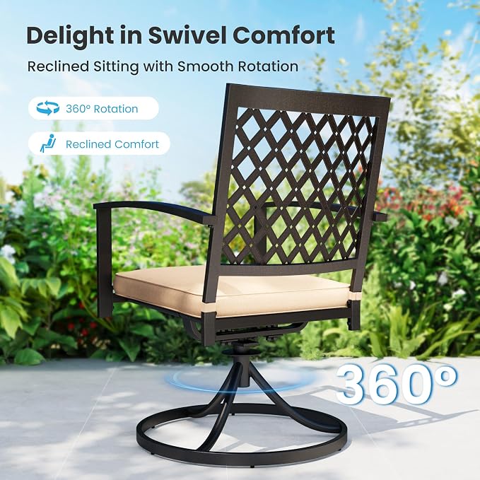 PHI VILLA 9 Pieces Outdoor Dining Set for 8, 57.5" Black Square Metal Table with Umbrella Hole & Swivel Wrought Iron Chairs with Cushions, Large Outside Furniture Set for Patio, Deck, Yard, Porch