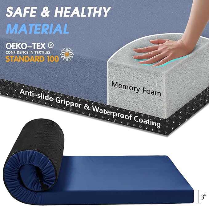 CYMULA 3 Inch Memory Foam Camping Pad, Camping Essentials Roll Up Floor Mat for Car Camping, Cot, Tent, Truck, Travel and Guest Use, Non-Slip Waterproof Bottom, Removable Cover