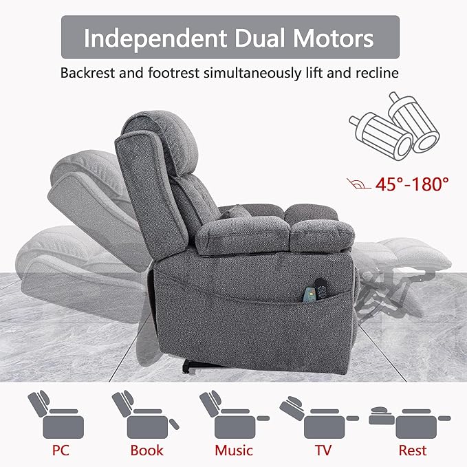 FUNECORP Big Man Power Lay Flat Lift Chair Oversized Recliner Dual Motor Heat Vibration for Elderly, Overstuffed Electric 28" Extra Wide Recliners with Flip Arm Storage Cup Holders,USB Type C Charging