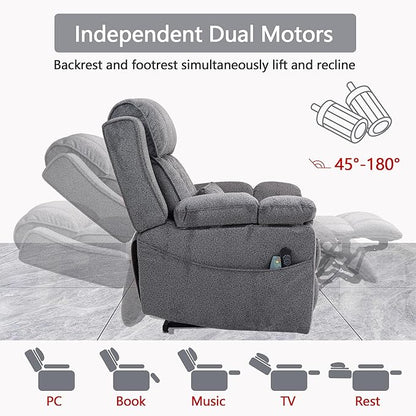 FUNECORP Big Man Power Lay Flat Lift Chair Oversized Recliner Dual Motor Heat Vibration for Elderly, Overstuffed Electric 28" Extra Wide Recliners with Flip Arm Storage Cup Holders,USB Type C Charging