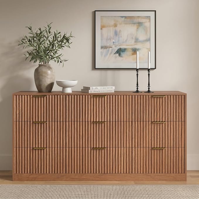 9 Drawer Dresser for Bedroom, 63" Wide Modern Fluted Chest of Drawers, Wooden Dresser with Gold Metal Handles, Mid Century Large Dresser TV Stand for Living Room Hallway Light Walnut