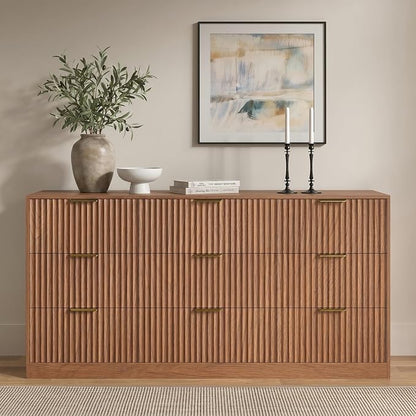 9 Drawer Dresser for Bedroom, 63" Wide Modern Fluted Chest of Drawers, Wooden Dresser with Gold Metal Handles, Mid Century Large Dresser TV Stand for Living Room Hallway Light Walnut
