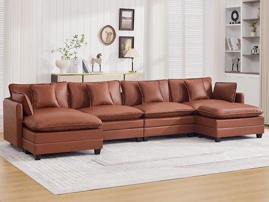 147'' Sectional Cloud Deep Seat Couch, Oversized Leather U Shaped Sectional Sofa for Living Room Set, Comfy Upholstered Modular Sectional Sofa Couch with Movable Ottoman, Leather Brown