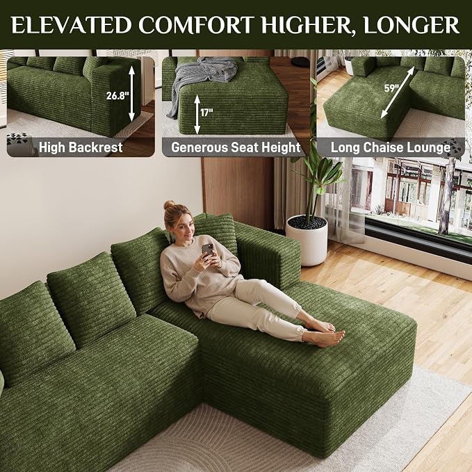Oversized L Shaped Boneless Sectional Couches for Living Room, 107" Comfy Fluffy Cloud Modular Sectional Sofa, Plush Corduroy Memory Foam Floor Sofa with Right Facing Chaise Couch