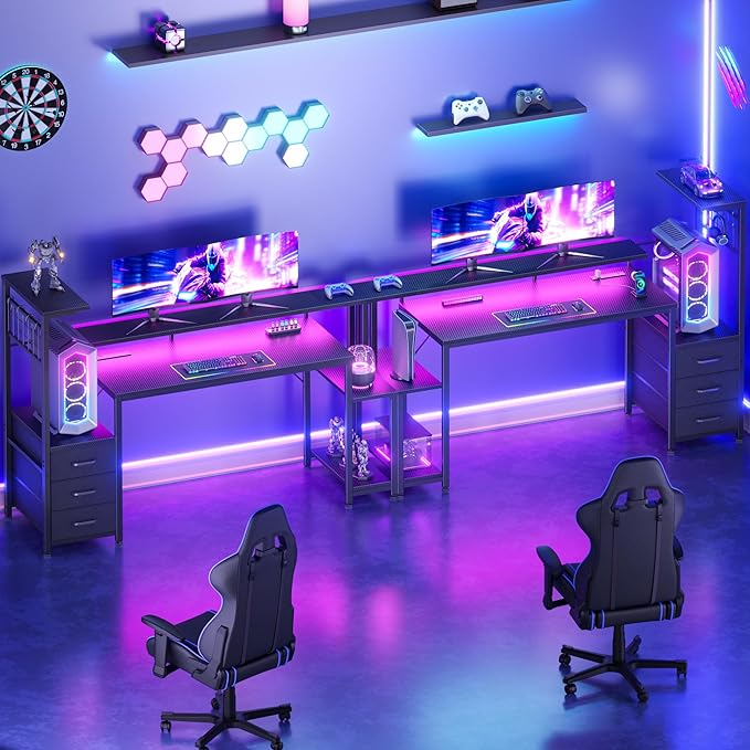 Korfile 55 Inch Gaming Desk with Bluetooth LED Lights & Power Outlets,Computer Desk with Fabric Drawers & Hooks,Reversible Gamer Table with Monitor Stand for Game Room,Home Office,Carbon Fiber Black