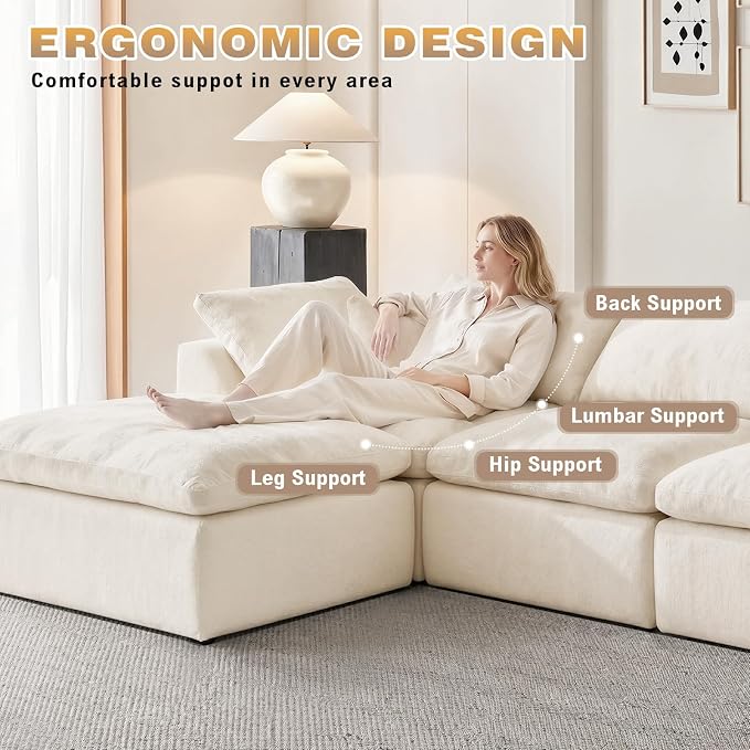 110" Boneless Cloud Couch Sectional for Living Room, Oversized Modular L Shaped Sofa with Ottoman, Deep Seat Chenille Sectional Couch for Cloud-Like Comfort (Beige)