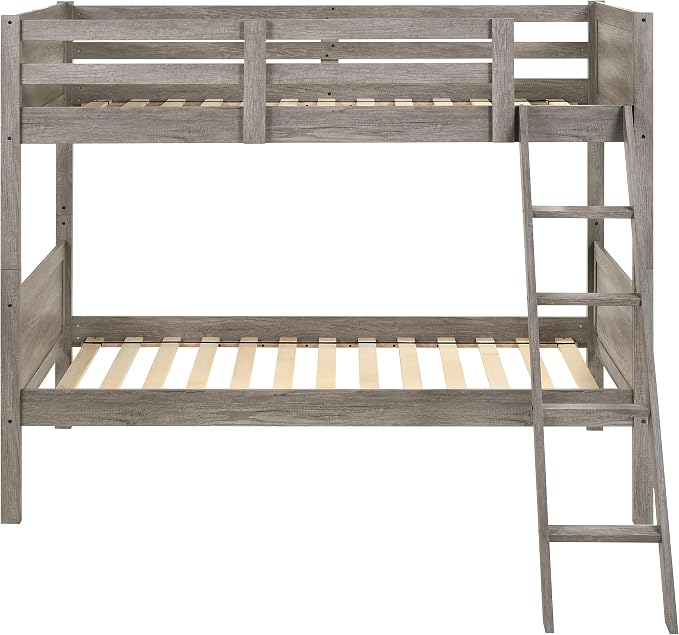 Coaster Home Furnishings Ryder Farmhouse Wood Twin Over Twin Size Bunk Bed Frame with Ladder and Guardrails Fully Slatted Mattress Ready Foundation Weathered Taupe 400818 | Wood Construction