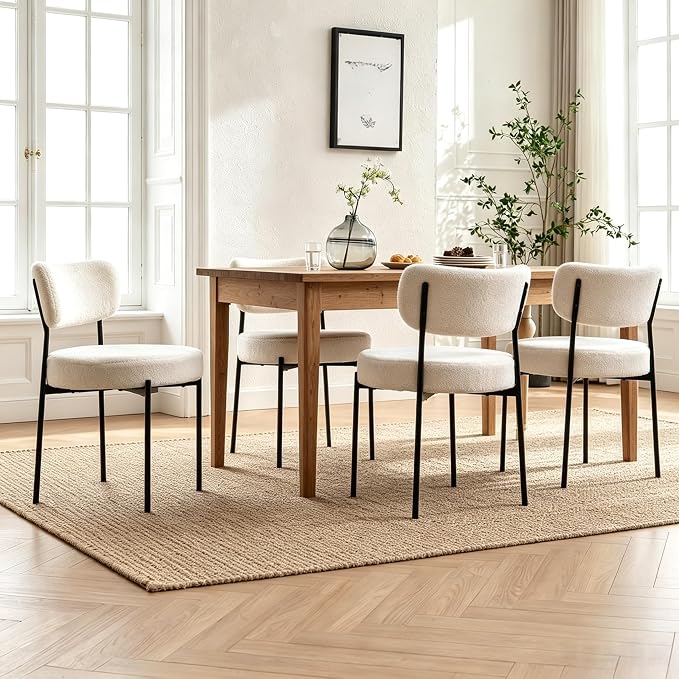Boucle Dining Chairs Set of 8, White Mid Century Modern Kitchen Dining Room Chairs with Curved Backrest and Metal Frame, Round Upholstered Dining Chairs for Kitchen, Living Room