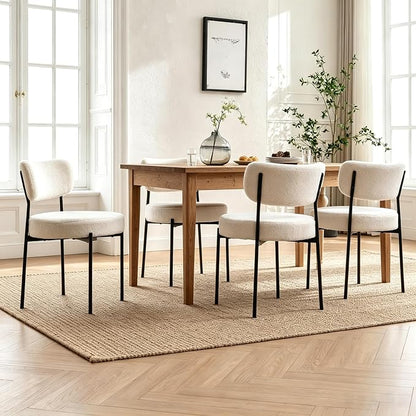 Boucle Dining Chairs Set of 4, White Mid Century Modern Kitchen Dining Room Chairs with Curved Backrest and Metal Frame, Round Upholstered Dining Chairs for Kitchen, Living Room