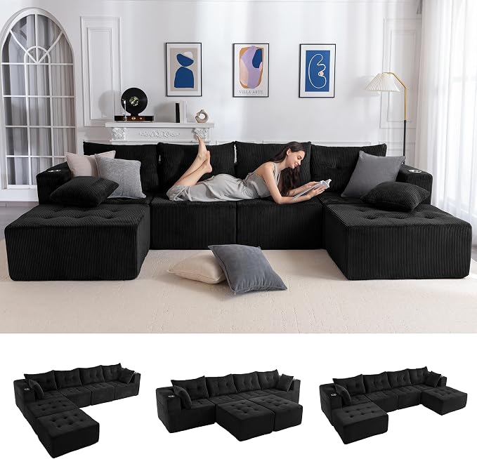 MAXYOYO 129.5" Modular Sectional Sofa Couch, U Shaped Modern Cloud Couch with 2 Ottomans, Sofa in A Box, Tufted 6-Seat Boneless Chair for Living Room, No Assembly Required, Black