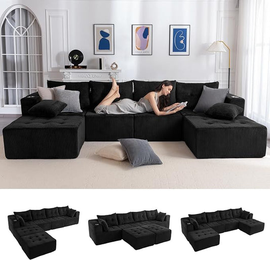 MAXYOYO 129.5" Modular Sectional Sofa Couch, U Shaped Modern Cloud Couch with 2 Ottomans, Sofa in A Box, Tufted 6-Seat Boneless Chair for Living Room, No Assembly Required, Black