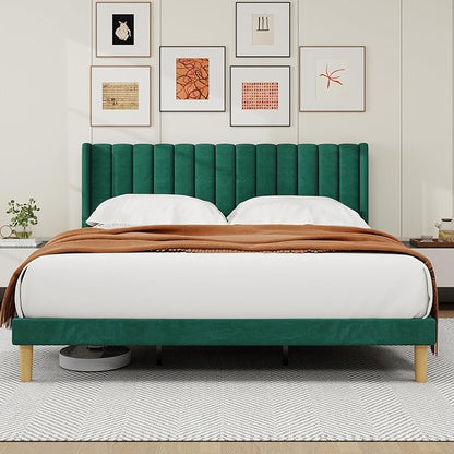 alazyhome Platform Bed Frame King Size with Upholstered Headboard, Solid Wood Slats Support, No Box Spring Needed, Noise Free, Easy Assembly, Modern Velvet Bed, Green