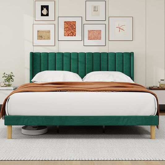 alazyhome Platform Bed Frame King Size with Upholstered Headboard, Solid Wood Slats Support, No Box Spring Needed, Noise Free, Easy Assembly, Modern Velvet Bed, Green