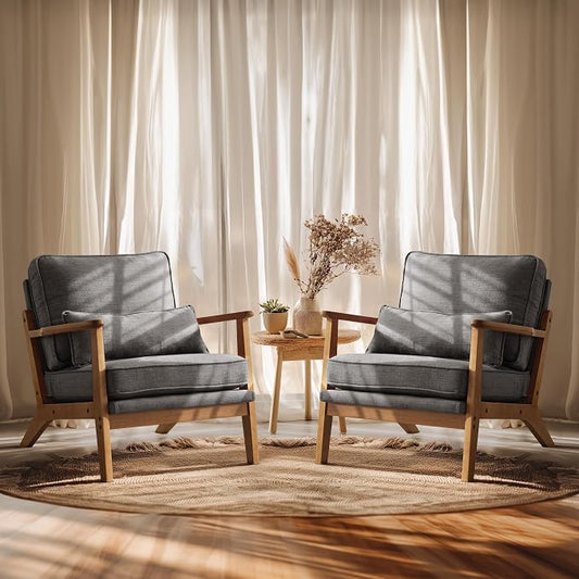 VINGLI Solid Wood Wide Armrests Accent Chair Set of 2,Upholstered Mid Century Modern Chair with Pillow,Farmhouse Arm Chair Comfy Reading Chair,Chairs Living Room,Bedroom,Guest Room,Linen Fabric,Grey