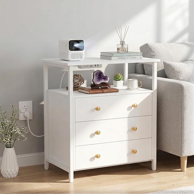 Edbuosy 3 Wooden Drawers Night Stand, 27 Inch Wide Nightstand Set 2 with Charging Station and Adjustable Drawers, Small Dresser for Closet, Bedside Table for Living Room/Bedroom/Office, White