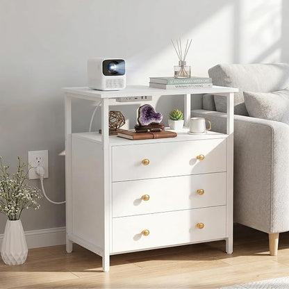 Edbuosy 3 Wooden Drawers Night Stand, 27 Inch Wide Nightstand Set 2 with Charging Station and Adjustable Drawers, Small Dresser for Closet, Bedside Table for Living Room/Bedroom/Office, White