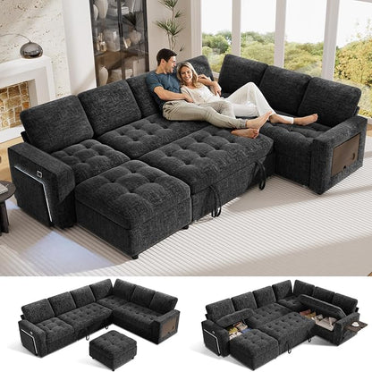 Vipbear 7 Seat L Shaped Modular Sectional Sleeper Sofa Bed with Ottoman/Pull Out Bed/Reclining Backrest/USB Ports/Table/LED Light/Storage Seat, Tool-Free Assembly, Chenille Black
