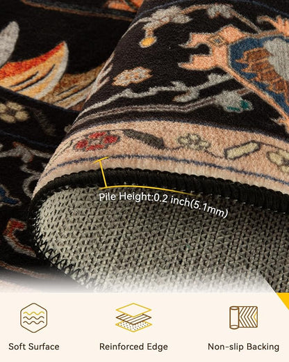 RELEANY Area Rugs Round 5ft Washable Non-Slip, Floral Vintage Distress Medallion Carpet for Living Room Bedroom Dining Room, Black Colorful Floral Dark Tan