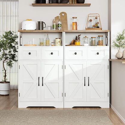 Befrases Farmhouse White Storage Cabinet with Doors and Drawers, Freestanding Kitchen Pantry Cabinet, Floor Storage Cabinet Hutch Cupboard for Kitchen, Living Dining Room, Bathroom