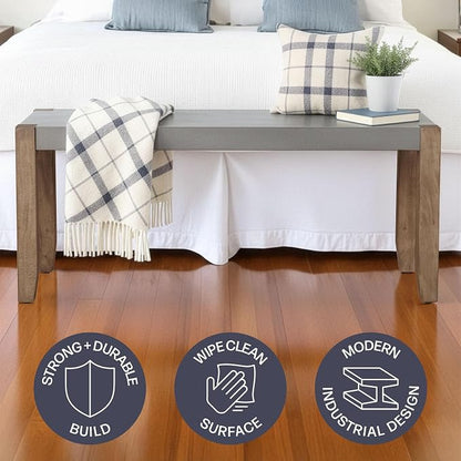 Alaterre Furniture Newport Bench with Faux Concrete Seat and Wood Legs - 40 Inch Entryway Bench with Rustic Industrial Design - Benches for Bedroom, Living Room, Dining Room, and Mudroom