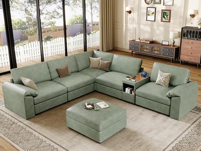 EASE MOOSE Oversized Corner Modular Sectional Sofa with Ottoman and Console,Faux Leather Sectional Sofa with Deep Seat,Scratch Resistant Faux Leather Material,Extra Large L Shaped Couch,Green