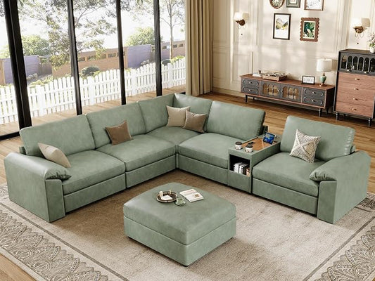 EASE MOOSE Oversized Corner Modular Sectional Sofa with Ottoman and Console,Faux Leather Sectional Sofa with Deep Seat,Scratch Resistant Faux Leather Material,Extra Large L Shaped Couch,Green