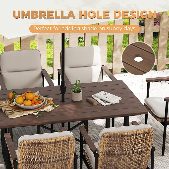 HAPPATIO 7 Piece Patio Dining Set Outdoor, 6 Wicker Chairs with Aluminum Frame and Olefin Cushions, Large Wooden Dining Table with Umbrella Hole,Patio Table and Chairs for Backyard Garden Porch