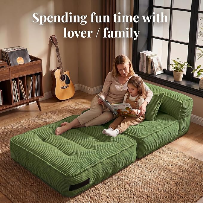 Folding Sofa Bed, Convertible Sleeper Chair with Pillow Foldable Mattress with Back Support, Portable Fold Out Chair Bed Comfy Floor Couch Lounge for Living Room Bedroom Apartment Single