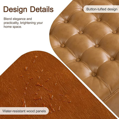 WUTUTUEE 24" Faux Leather Square Storage Ottoman with Wooden Tray, Modern Tufted Button Footstool Coffee Table, Upholstered Small Ottoman for Living Room, Bedroom, Brown