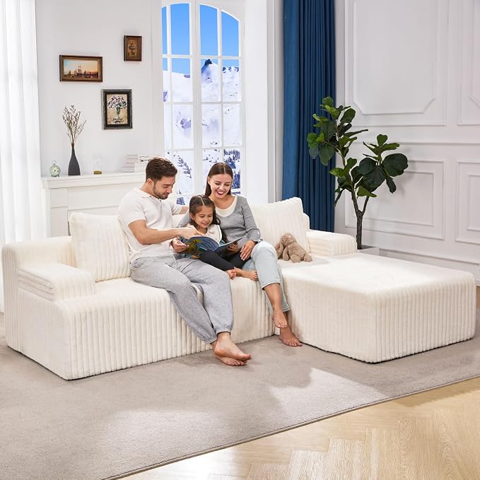 Hobestluk Boneless Couch Modular Sectional Sofa for Living Room Furniture | 98" Right Facing Chaise White,Memory Foam,Removable Cover,Non-slip Bottom,No Assemble Required,Furniture for Apartment