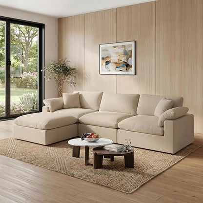 Modular Sectional Sofa Cloud Couch,Down Filled Comfy Cloud Modern Sofa,Khaki Linen L Shape Oversized Couch Cushion Covers Removable Furniture for Living Room