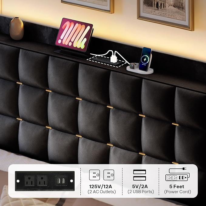 DWVO Queen Size Bed Frame with 4 Drawers and RGB LED Lights, Velvet Upholstered Platform Bed with Charging Station and Storage Headboard, No Box Spring Needed, Easy Assembly, Noise-Free, Black
